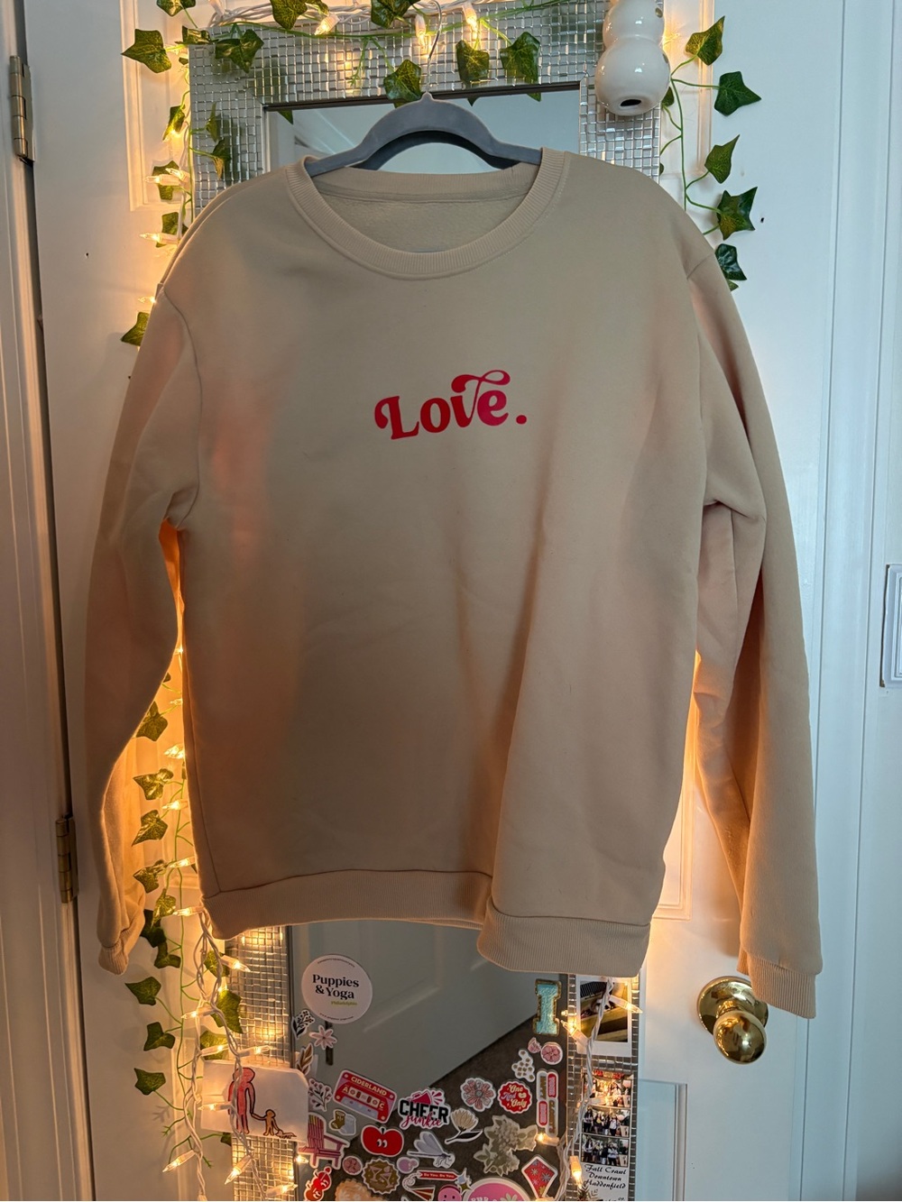 SHEIN Beige Crewneck Sweatshirt with Red "Love." Graphic